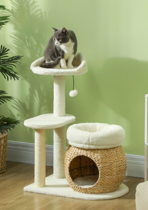 31" Cat Tree Tower with Scratching Posts, Cat Condo, Beds, Platform and Toy Ball for Indoor Cats, Cream White
