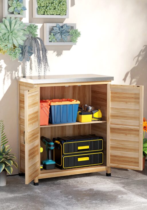 Wooden Storage Cabinet, Outdoor Prep Table w/ Metal Tabletop, Shelves and Double Doors for Patio, Garden, Natural Wood