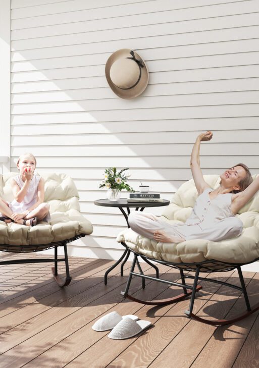 Outdoor Rocking Chair Patio Set of 2, Oversized Rocking Papasan Chairs with Cushions for Garden Porch, 265 lbs., Beige