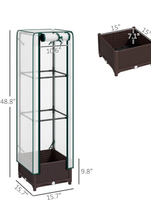 Garden Bed with Trellis, Outdoor Plant Box with PE Cover, Drainage Holes and Zipper Door, 15.7" x 15.7" x 48.8", Brown