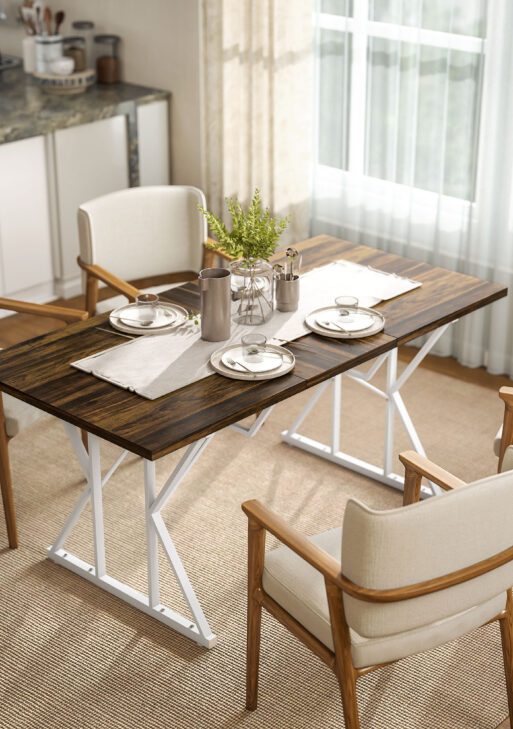 47"-63" Extendable Dining Table for 4-6, Farmhouse Expandable Kitchen Table with Heavy Duty Trestle Base, Brown