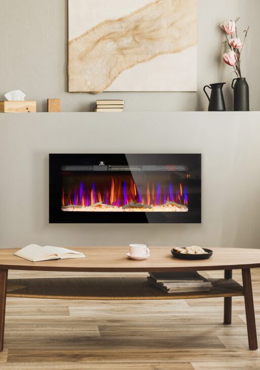 40" Recessed or Wall Mounted Electric Fireplace Heater with Remote Control, Adjustable Flame Color and Brightness