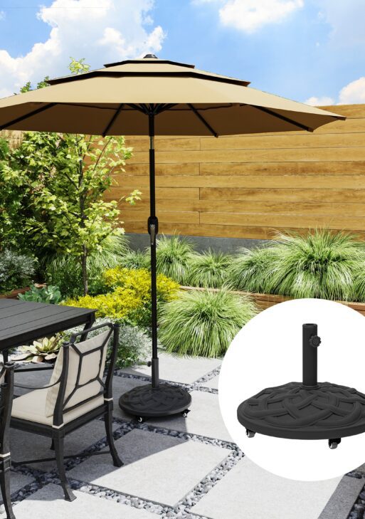 Round Patio Umbrella Base with Wheels, 44 lbs Resin Umbrella Stand Base, Heavy Duty Patio Umbrella Holder for 1.3"/1.5"/1.9" Umbrella Poles for Outdoor, Lawn, Poolside, Black