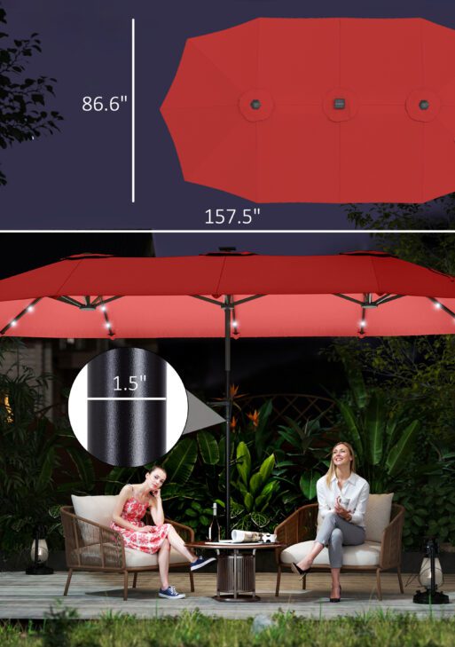 13ft Double-Sided Market Umbrella, Large Patio Umbrella with Solar Lights, Crank Handle for Garden, Pool, Yard, Wine Red