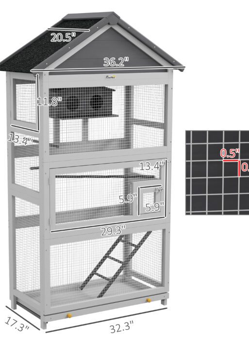 Wooden Bird Aviary with Slide-Out Tray, Birdhouse, Ladder, Perches for Finches, Parakeets, Gray