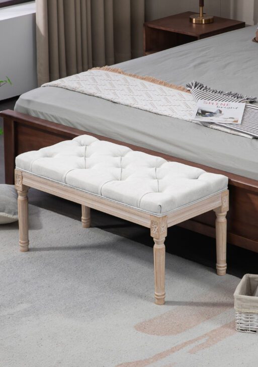 32" Linen Upholstered Bedroom Bench, French End of Bed Bench with Thick Padded Cushion and Wooden Legs, Cream White
