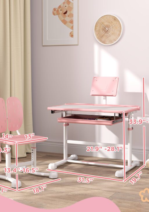 Adjustable Kids Desk and Chair Set with Tilt Desktop & Storage, Pink