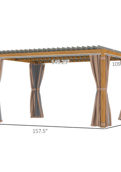 10' x 13' Outdoor Retractable Pergola w/ Sun Shade Louvered Top, Pergola w/ Canopy, Curtains, Netting, Natural Wood