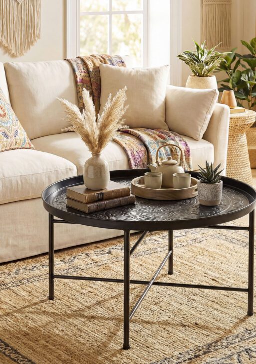 Coffee Table for Living Room, 24" Round Center Table with Hammered Tray Top and Metal Frame for Bedroom, Black