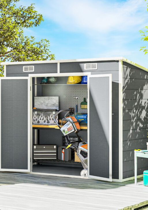 8' x 4' Plastic Outdoor Storage Shed with Floor, Window, Lockable Doors and Vents for Backyard Patio Lawn, Gray