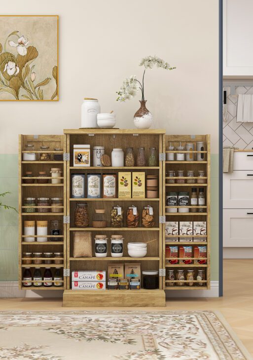 41" Rattan Kitchen Storage Cabinet, Food Pantry Cabinet with 5-Tier Shelf, 12 Spice Racks, Adjustable Shelves, Natural