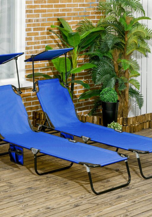 Pool Chaise Lounge Chairs Set of 2, Folding Lounge Chairs with Sunshade, Reclining Back, Steel Frame, Blue