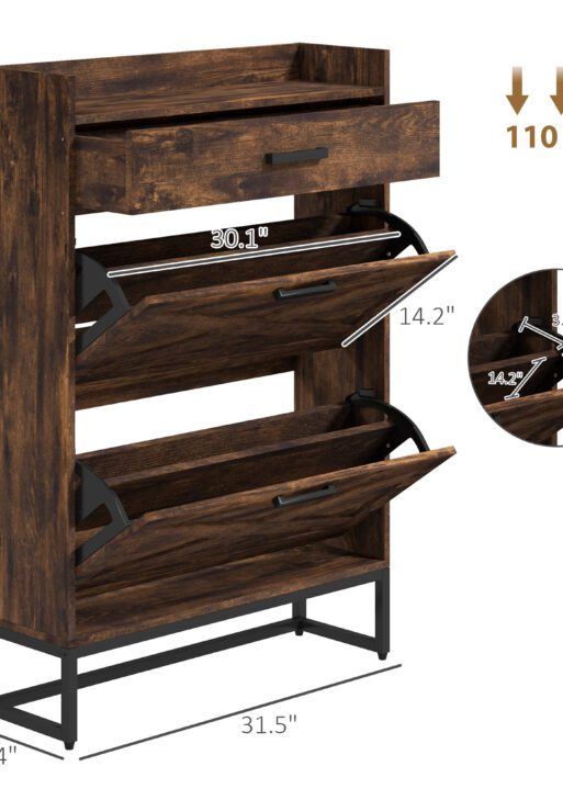 Slim Shoe Storage Cabinet, Shoes Cabinet Organizer with 2 Flip Drawers, Adjustable Shelves for 12 Pair, Rustic Brown