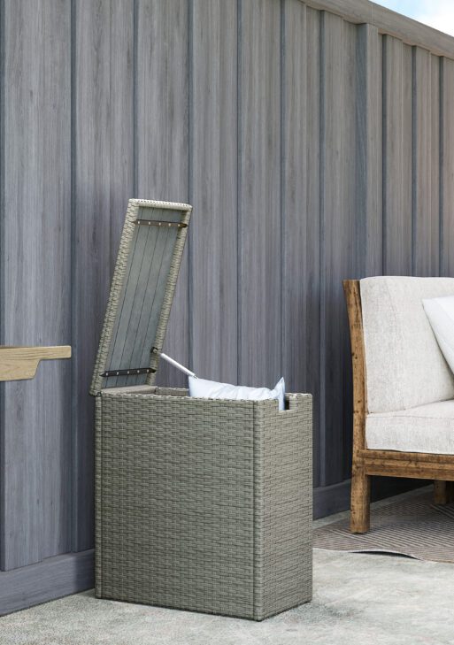 17-Gallon Small Deck Box, Wicker Outdoor Storage Box with Acacia Wood Top for Patio Cushions and Garden Tools, Gray