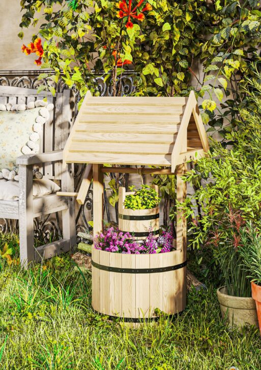 Wood Wishing Well for Outside with Hanging Bucket, Wishing Well Planter with Drain Hole for Garden Patio, Natural
