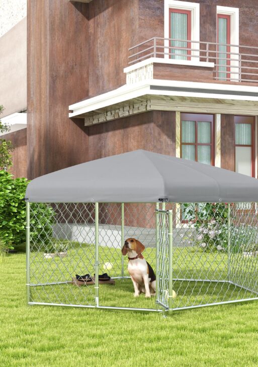 6.9' x 6.1' x 4.9' Dog Kennel Outdoor for Medium and Large-Sized Dogs with Waterproof UV Resistant Roof, Silver