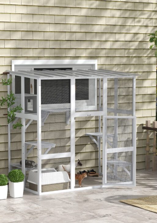 Catio Outdoor Cat Enclosure, Window Box Wooden Cat House with Bridge Platforms, White