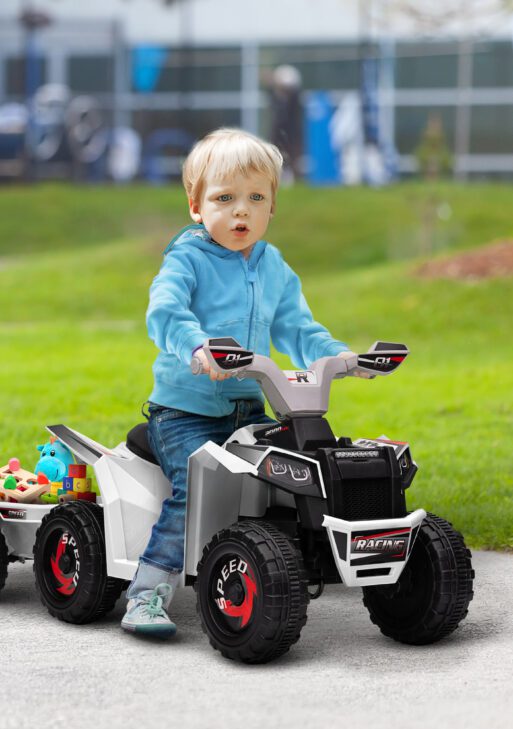 6V Electric Toy Car with Back Trailer, Forward Backward, Wear-Resistant Wheels for Ages 18-36 Months, White