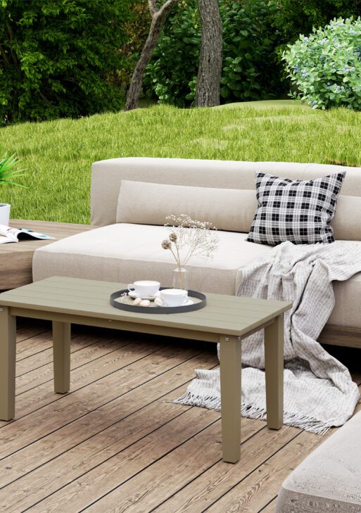 Rectangle Outdoor Coffee Table, HDPE All-Weather Outdoor Patio Table with Slatted Tabletop for Yard, Balcony, Brown