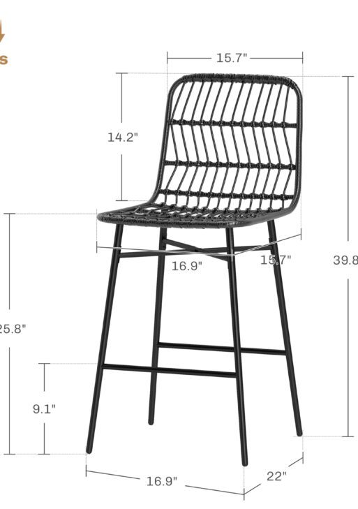 Rattan Counter Bar Stools Set of 2, 26" Counter Height Barstools with Back, Bar Chairs for Kitchen Island, Black