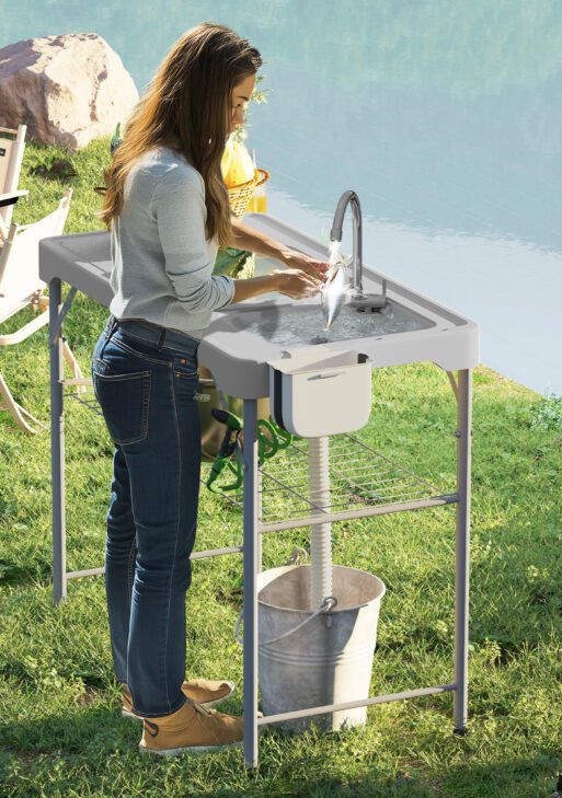 Folding Fish Cleaning Table with Sinks, Portable Camping Sink Table with Faucet, Drainage Hose, Sprayer, Shelf, Drawer and Storage Basket, Outdoor Fillet Table for Picnic Beach Patio, Gray