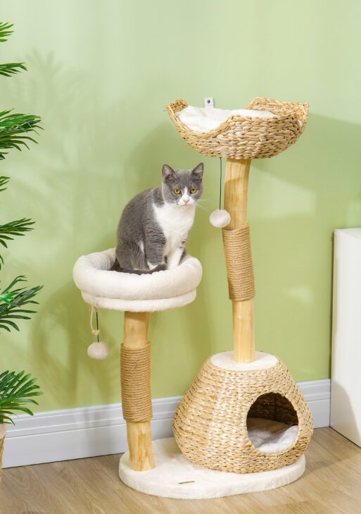 41" Cat Tree for Indoor Cats with Wooden Cat Scratching Posts, Cat Condo, Cat Beds & Toy Balls, Cream White