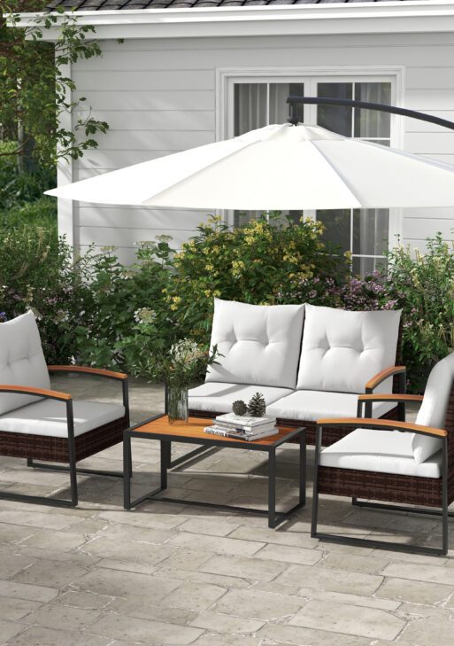 4 Piece Rattan Patio Furniture Set with Loveseat Sofa, Chair, Wood Coffee Table, Cushions for Outdoor, Backyard, White