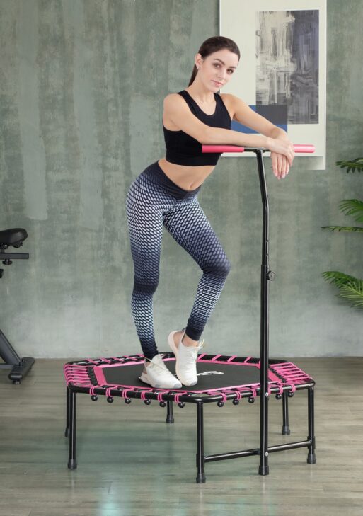 45" Rebounder Trampoline for Adults, Quiet Bungee Rebounder with LED Lights and Adjustable Handle, Pink