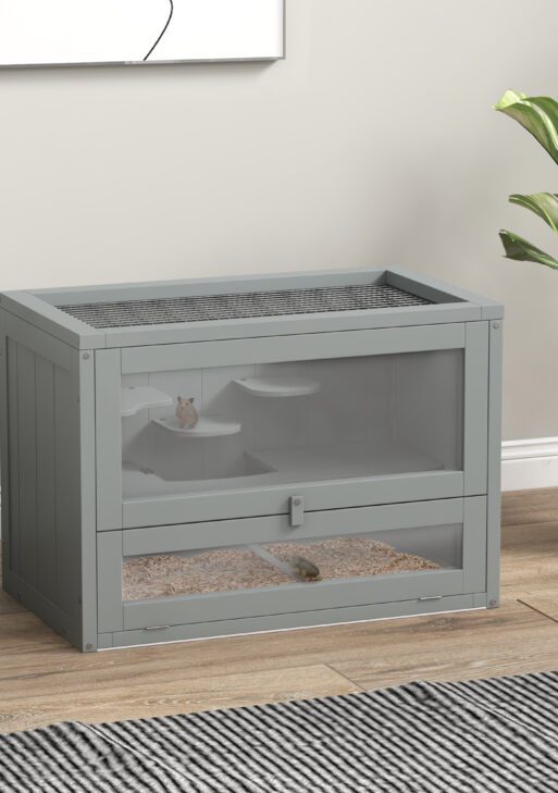 2-Level Hamster Cage with Openable Top, Door, Shelf, Ladder, Gray