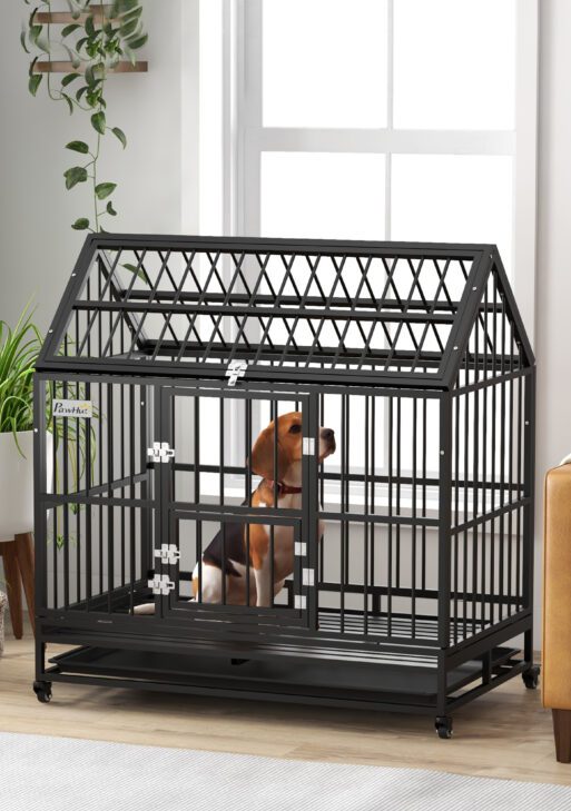 48" Heavy Duty Dog Crate with 4 Lockable Wheels, Double Doors, and Removable Tray, for XL and L Dogs