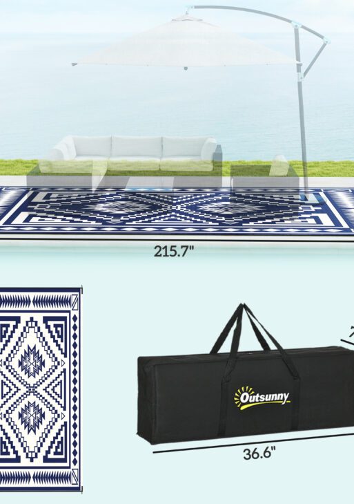 Reversible Outdoor Rug, Waterproof Plastic Straw with Carry Bag, 9' x 18', Blue & White Square Patchwork