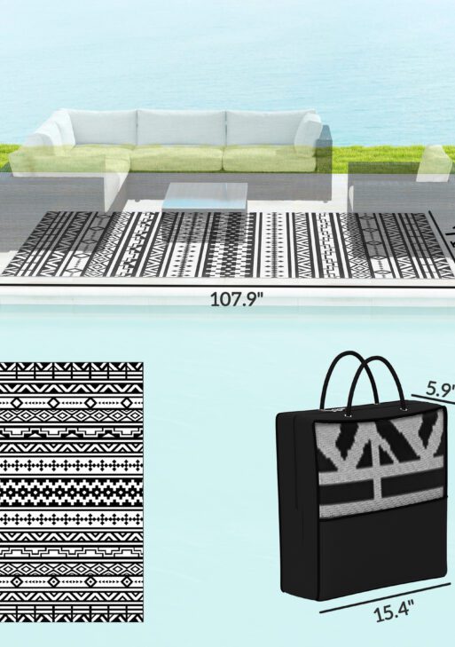 Reversible Outdoor Rug, Waterproof Plastic Straw with Carry Bag, 6' x 9', Black & White Geometric Wall