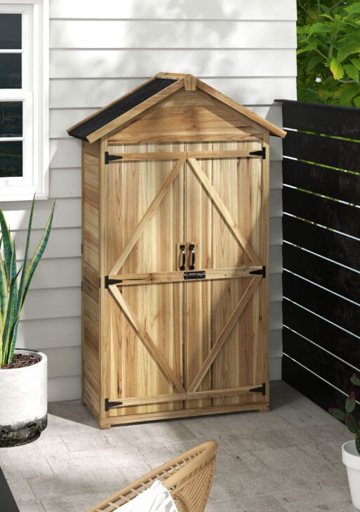 Wooden Garden Shed Outdoor Storage Cabinet with Waterproof Asphalt Roof Lockable Doors Shelves for Backyard Natural