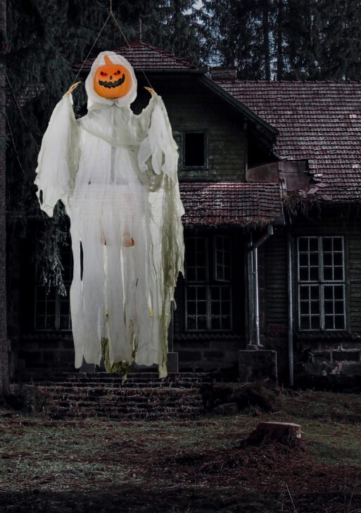 3.9' Outdoor Halloween Hanging Pumpkin Ghost w/ Light Up Eyes, Sound Activated Prop w/ Creepy Howling Sounds