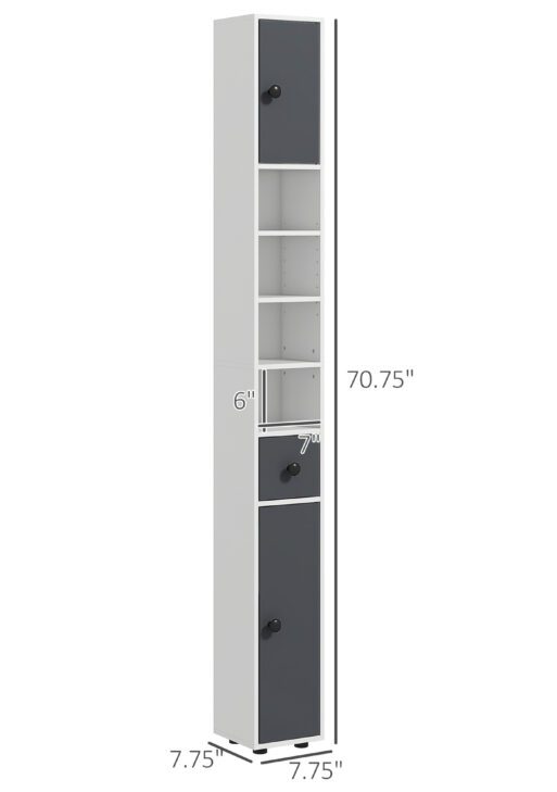 71" Small Bathroom Storage Cabinet, Narrow Toilet Paper Cabinet with Open Shelves, 2 Cabinets, Adjustable Shelves, Gray