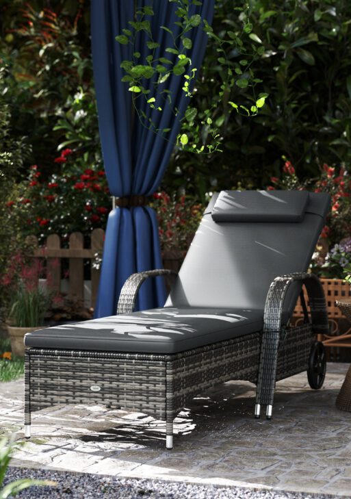 Outdoor Chaise Lounge, 5-Level Adjustable Backrest Rattan Pool Lounge Chair with Wheels, Cushion & Headrest, Gray