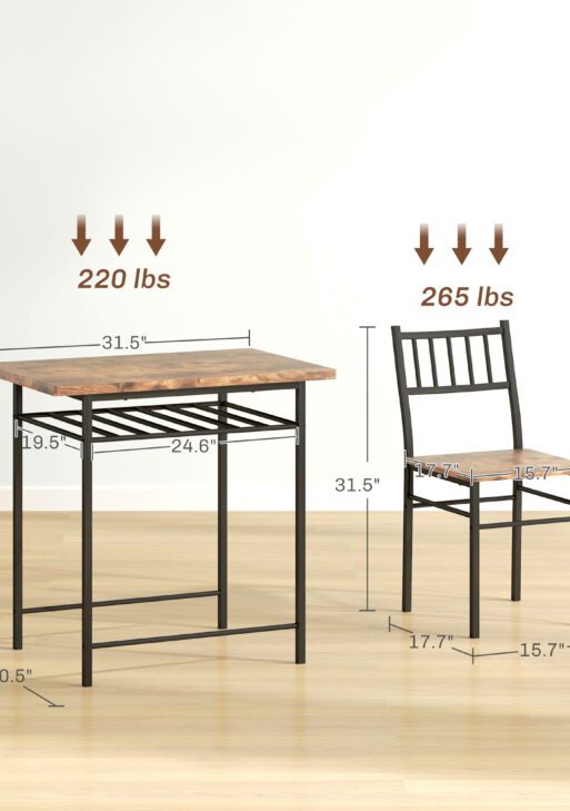 3-Piece Small Dining Table Set for 2, Kitchen Table and Chairs with Storage Rack and Steel Frame, Brown
