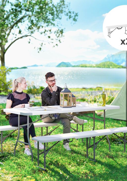 2 Pack 6 ft Portable Foldable Bench Seats, Plastic Folding Benches with Carrying Handle for Camping, White