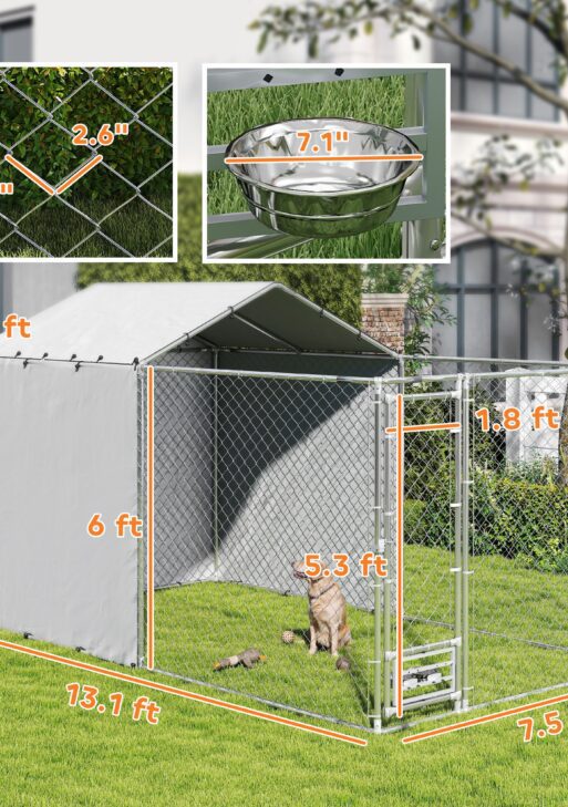 Galvanized Chain Link Large Outdoor Dog Kennel with Waterproof & UV-Resistant Cover, for M&L Dogs, 13.1' x 7.5' x 7.5'