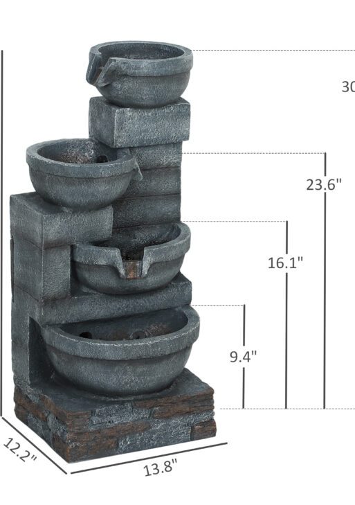 30" Tall Outdoor Waterfall Fountain with LED Lights, 4-Tier Resin Cascading Water Bowls with Pump, Gray