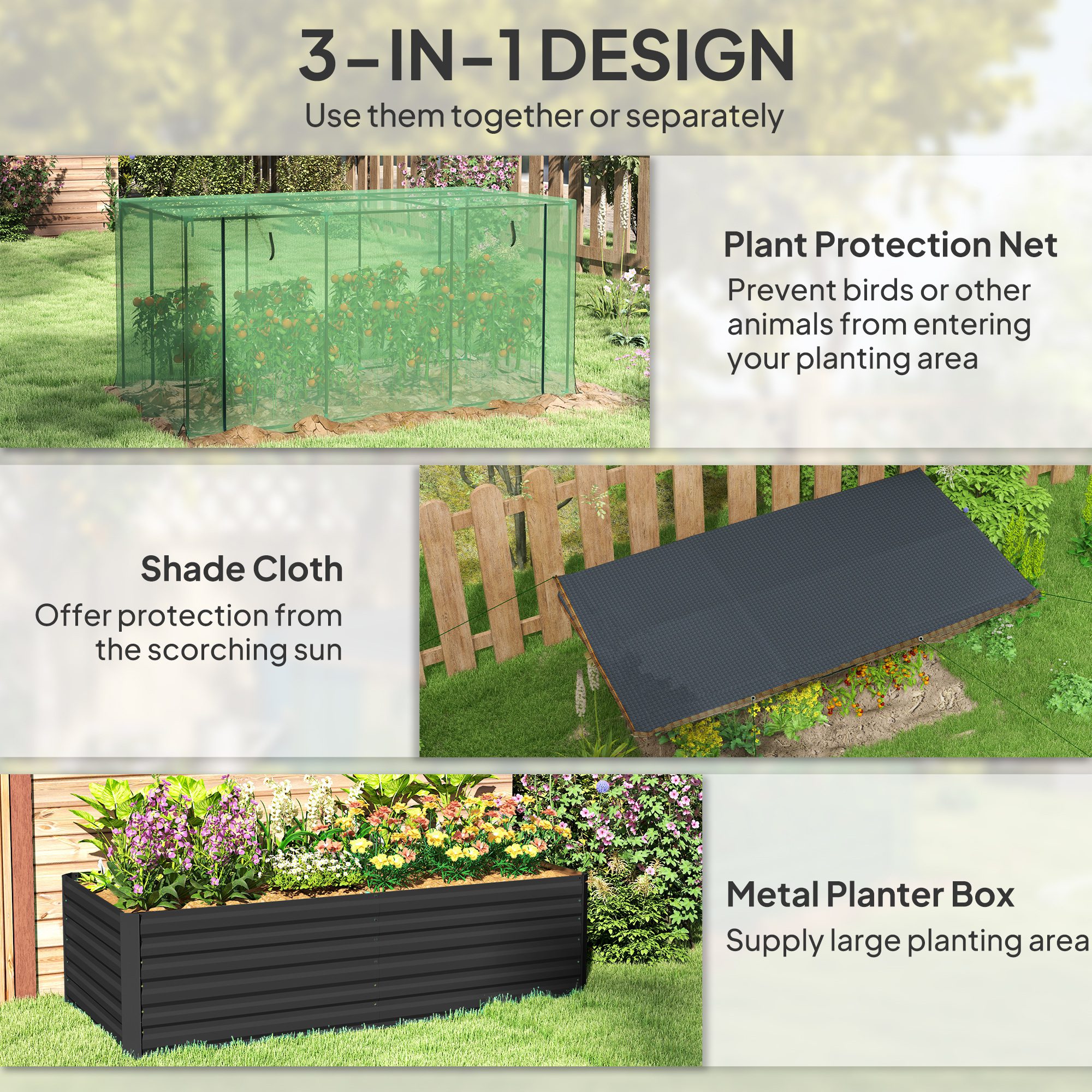 Galvanized Steel Planter Box with Crop Cage and Shade Cloth, Raised Garden Bed for Flowers, Veggies and Herbs, Dark Gray - Image 2