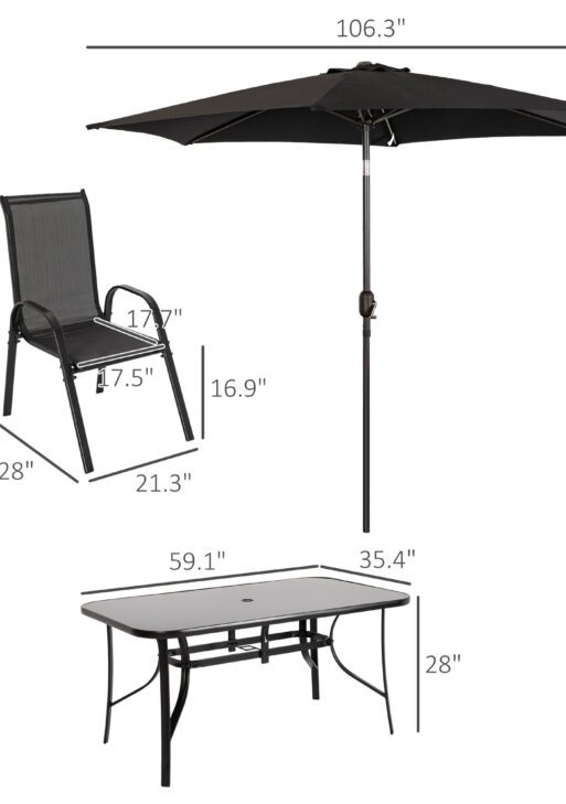 8 Pieces Patio Furniture Set with 9Ft Patio Umbrella, Outdoor Dining Table and Chairs, Black
