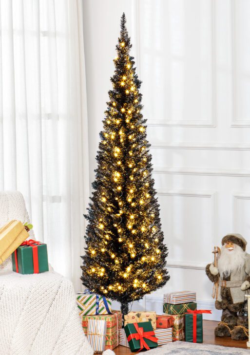 6ft Pencil Christmas Tree, Slim Artificial Christmas Tree with Realistic Branches and Warm White LED Lights, Black