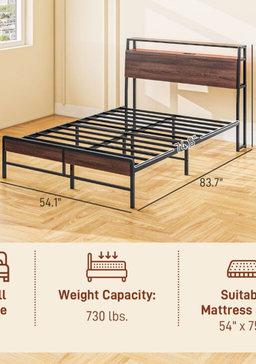 Full Size Bed Frame with LED Lights and Charging Station, Full Bed Frame with Storage Headboard, Noise-Free, Walnut