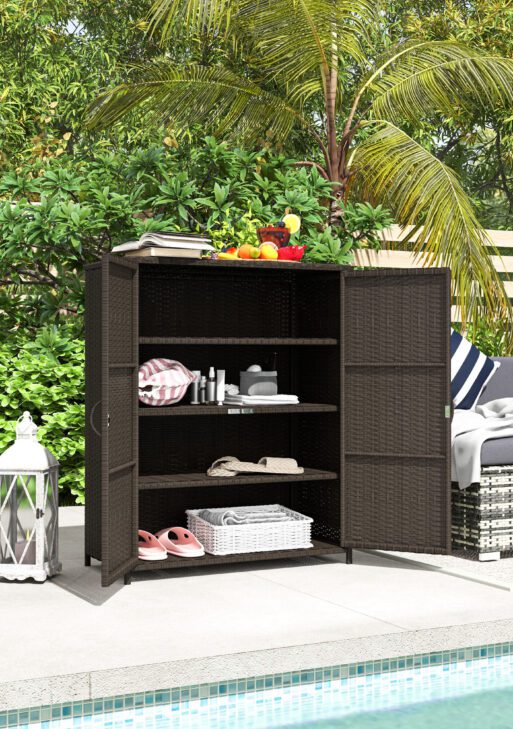 Rattan Wicker Outdoor Storage Cabinet with 4 Shelves and 2 Doors for Garden Pool Towel Storage, Coffee