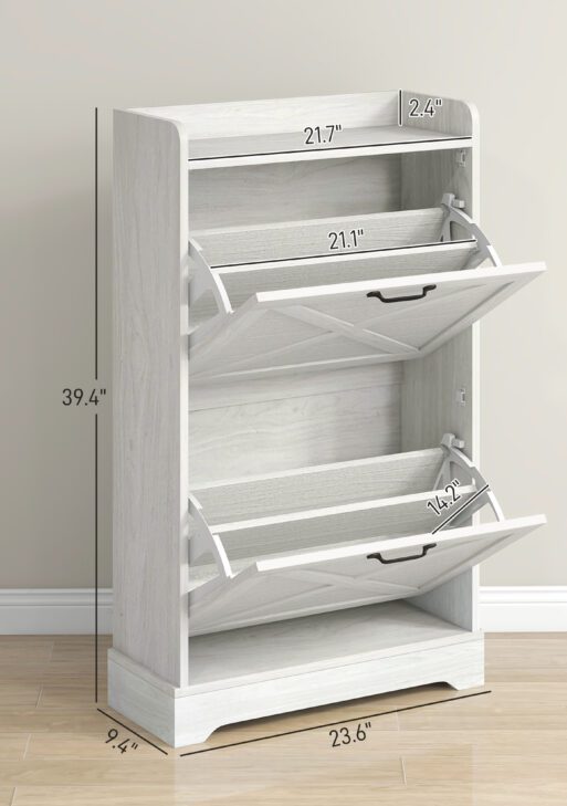 Slim Shoe Storage Cabinet, Farmhouse Shoe Cabinet with 2 Flip Drawers, Adjustable Shelves for 8 Pairs, Distressed White