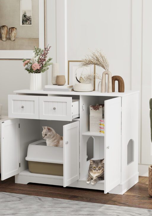 Cat Litter Box Enclosure with Drawers, Storage, Anti-tip Kit, 39" x 18" x 31.5", White