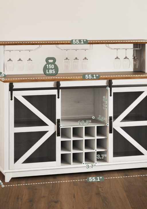 55" Coffee Bar Cabinet with Lights, Farmhouse Wine Cabinet with Wine and Glass Racks for Kitchen, Dining Room, White