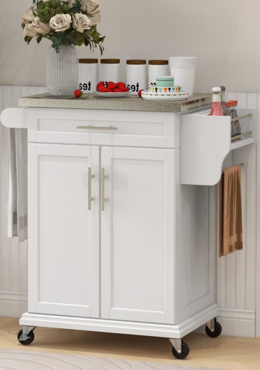 Kitchen Island with Wheels, Rolling Kitchen Island with Storage, Stainless Steel Countertop for Dining Room, Cream White