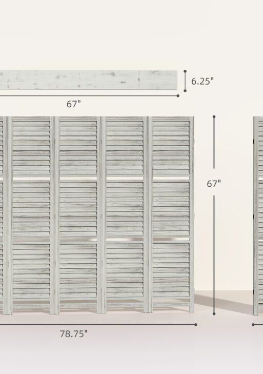 5 Panel 67" Tall Wood Privacy Screen Room Divider with 3 Shelves and Folding Storage for Bedroom, Distressed White